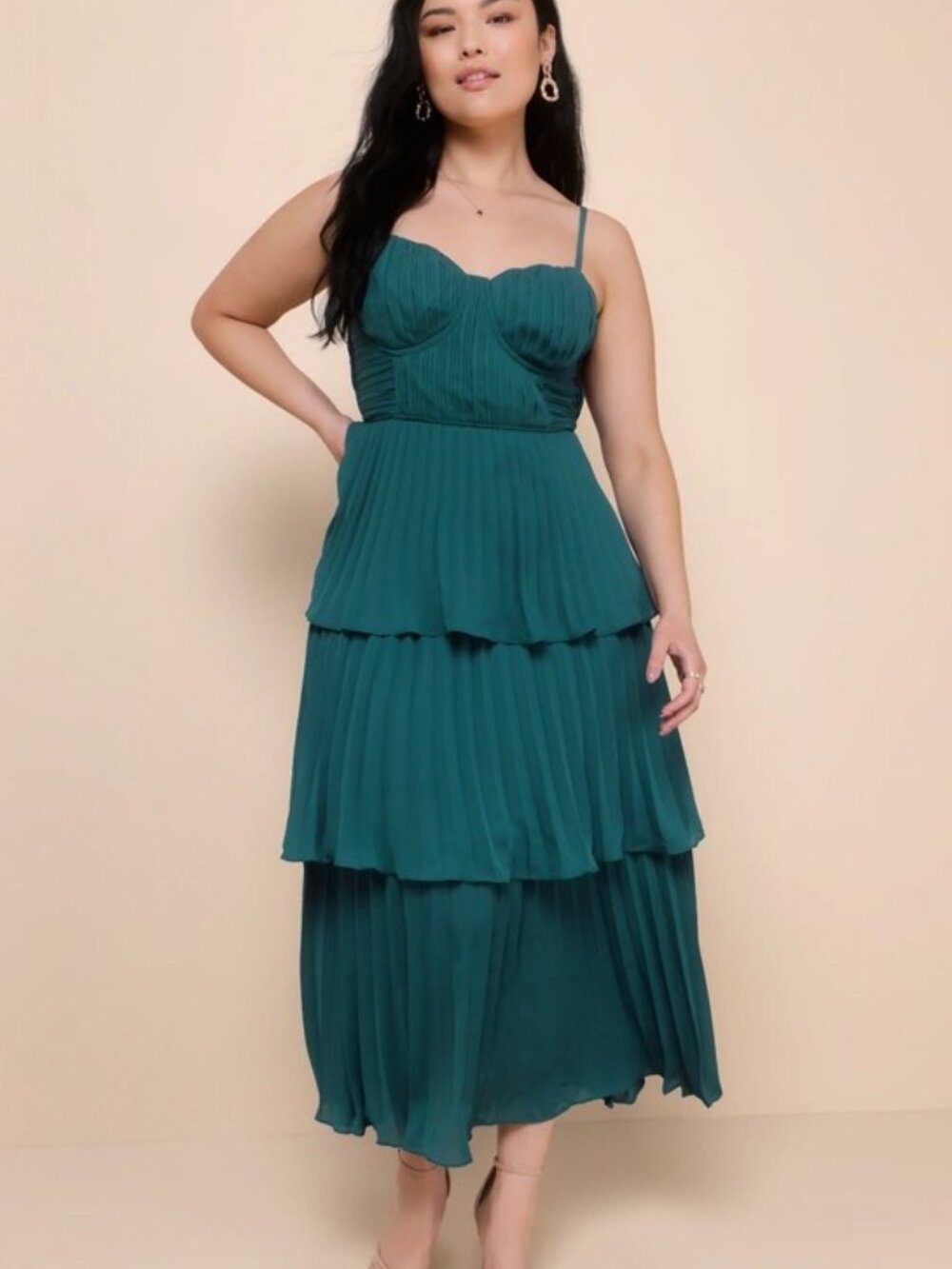 LULUS Women's Size Large Cascading Crush Emerald Tiered Bustier Midi Dress NEW